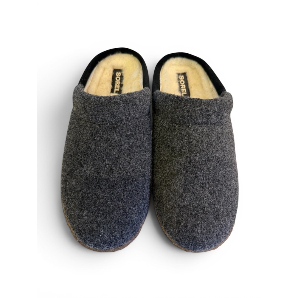 Sorel Wmns Nakiska Scuff Gray/Black Sherpa Lined Wool Clog Slippers Size 10